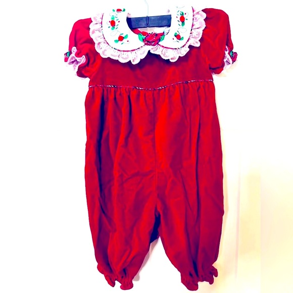 B.T. KIDS RED VELVET TODDLER CHRISTMAS ROMPER ROSETTE COLLAR SZ 6-9 MO. - Picture 2 of 14